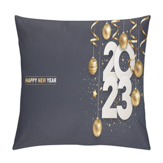 Personality  Happy New Year 2023. White Paper Numbers With Golden Christmas Decoration And Confetti On  Dark Blue Background. Holiday Greeting Card Design. Pillow Covers