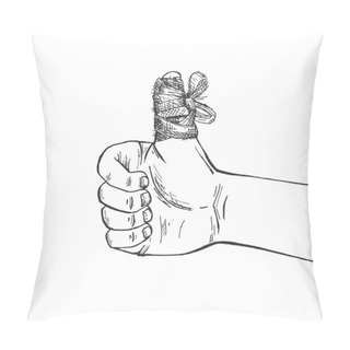 Personality  Vector Illustration Of Trauma Healing. Injured Big Finger Covered In Medical Bandage Dressing Aid. Vintage Hand Drawn Style. Pillow Covers