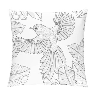 Personality  Bird Surrounded By Tropical Leaves.Coloring Book Antistress For Children And Adults. Zen-tangle Style.Black And White Drawing Pillow Covers