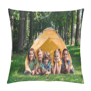 Personality  Happy Multicultural Kids Smiling While Lying Near Camp  Pillow Covers
