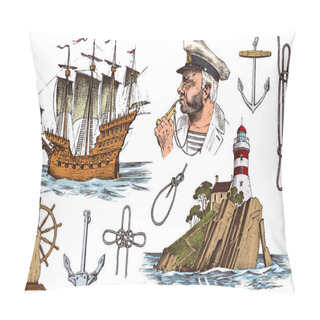 Personality  Skipper With Pipe. Lighthouse And Sea Captain, Marine Sailor, Nautical Travel By Ship. Engraved Hand Drawn Vintage Style. Summer Adventure. Seagoing Vessel And Rope Knots. Boat Wheel And Anchor. Pillow Covers