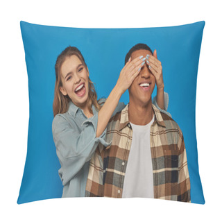 Personality  Excited Woman With Open Mouth Covering Eyes Of African American Man On Blue Background, Peekaboo Pillow Covers