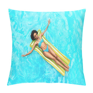 Personality  African American Woman In Swimsuit Floating In Inflatable Matress At Swimming Pool, Top View Pillow Covers