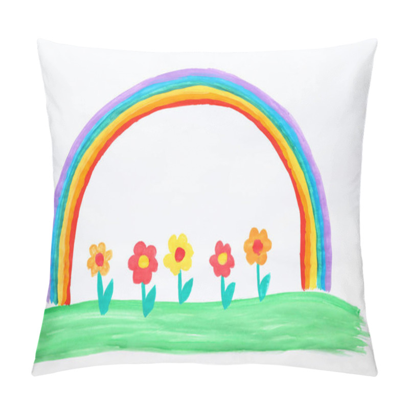Personality  Child's painting of flowers and rainbow on white paper pillow covers