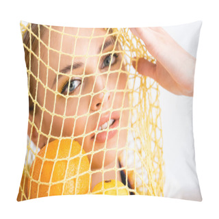 Personality  Portrait Of Woman In String Bag With Citrus Fruits Pillow Covers