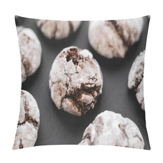 Personality  Close Up View Of Baked Biscuits With Powdered Sugar On Black Surface  Pillow Covers