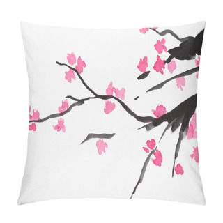 Personality  Japanese Painting With Sakura Branches With Flowers On White Pillow Covers