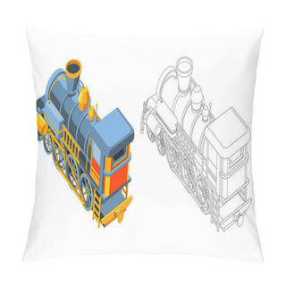 Personality  Vector Coloring Page With 3d Model Train. Isometric Back View.Vintage Retro Train Graphic Vector. Isolated. Coloring Page And Colorful Train Pillow Covers