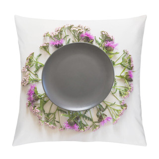 Personality Wreath Of Wild Purple And Pink Milk Thistle On Grey Background. Flat Lay. View From Above. Space For Text On Black. Pillow Covers