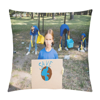 Personality  Girl Holding Placard With Globe And Save Inscription, While Family Collecting Garbage On Blurred Background, Ecology Concept Pillow Covers