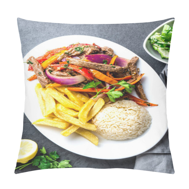 Personality  Peruvian Dish Lomo Saltado - Beef Tenderloin With Purple Onion, Yellow Chili, Tomatoes Served On White Plate With French Fries And Rice. Top View Pillow Covers