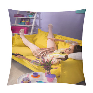 Personality  Young Woman Posing As Doll On Yellow Couch With Remote Control Pillow Covers