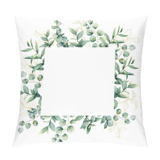 Personality  Watercolor Frame With Golden Eucaliptus Leaves. Hand Painted Baby, Seeded And Silver Dollar Eucalyptus Branch Isolated On White Background. Floral Illustration For Design, Print, Fabric Or Background. Pillow Covers