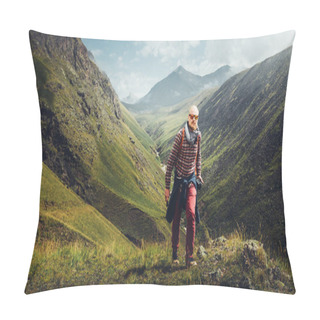 Personality  Adventure Blogger Travel Concept. Handsome Male Traveler Hiking On The Hills Pillow Covers