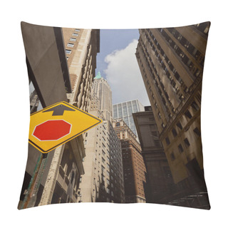 Personality  Low Angle View Of Road Sign, Tall Buildings And Skyscrapers In New York City, Metropolis Scene Pillow Covers