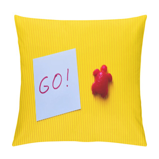 Personality  Top View Of Red Plastic Turtle Near Blue Paper With Go Lettering On Yellow Background Pillow Covers