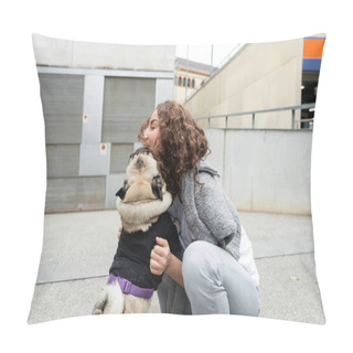 Personality  Young And Curly Woman In Casual And Soft Clothes Petting Pug Dog In Sweater While Spending Time On Blurred Urban Street With Buildings At Background In Barcelona, Spain  Pillow Covers