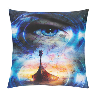 Personality  Viking Boat On The Beach And Woman Eye. Boat With Wood Dragon. Cosmic Space Background. Pillow Covers