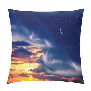 Personality  Crescent Moon With Beautiful Sunset Background . Generous Ramadan . New Moon. Prayer Time.  Pillow Covers