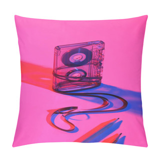 Personality  Close Up View Of Retro Audio Cassette And Pencils On Pink Backdrop Pillow Covers