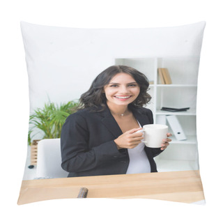 Personality  Pregnant Businesswoman With Cup Of Hot Drink Pillow Covers