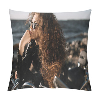 Personality  Attractive Curly Female Biker In Sunglasses Sitting On Motorbike Pillow Covers