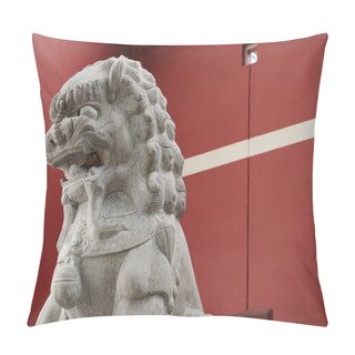 Personality  Stone Lion Statue Before The Red Wall Pillow Covers
