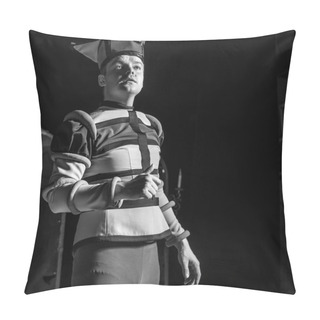 Personality  Actor Dressed Jester's Costume In Interior Of Old Theater. Black-white Portrait. Pillow Covers