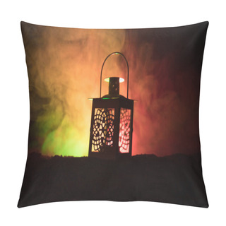 Personality  Ornamental Arabic Lantern With Burning Candle Glowing At Night On Dark Toned Foggy Background. Festive Greeting Card, Invitation For Muslim Holy Month Ramadan Kareem(Eid Holiday) Dark Background. Pillow Covers