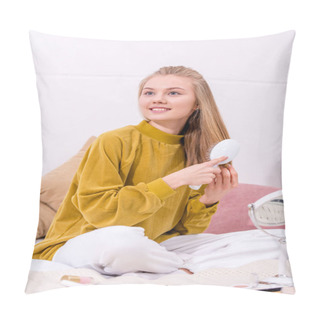 Personality  Happy Young Woman Brushing Hair At Home Pillow Covers