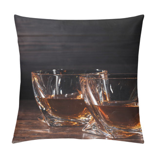 Personality  Close-up View Of Two Glasses Of Whisky On Dark Wooden Table Pillow Covers