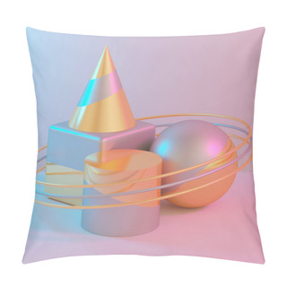 Personality  3d Rendering. Abstract Background, Primitive Geometric Shapes, Simple Mockup. Minimal Design Elements. Silver And Gold Materials Pillow Covers