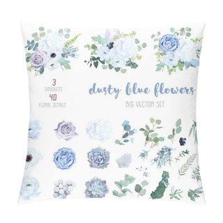 Personality  Dusty Blue, Pale Purple Rose, White Hydrangea, Ranunculus Pillow Covers