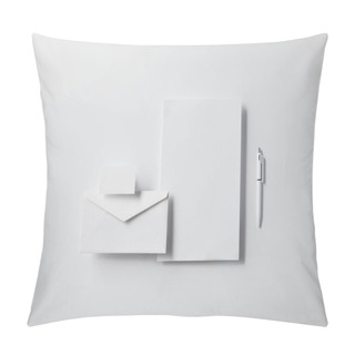 Personality  Top View Of Arranged Envelope With Pen, Blank Paper And Business Card On White Tabletop For Mockup Pillow Covers