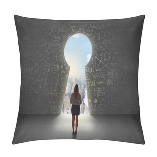 Personality  Business Woman Looking At Keyhole With Bright Cityscape Concept  Pillow Covers