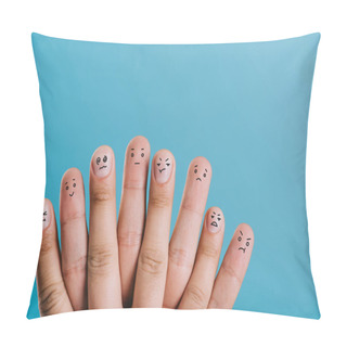 Personality  Cropped View Of Human Fingers In Bad Mood Isolated On Blue Pillow Covers