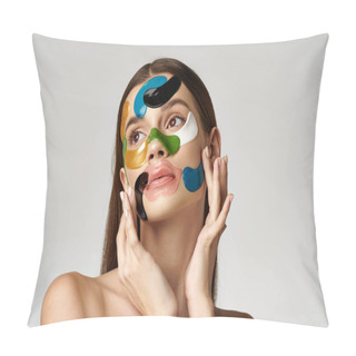 Personality  A Beautiful Young Woman With Eye Patches On Her Face With Vibrant Colors, Showcasing Creativity And Self-expression. Pillow Covers