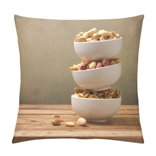 Personality  Assorted Nuts In Dishes On Wooden Table Pillow Covers
