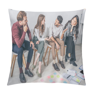 Personality  Happy Multicultural Coworkers Sitting On Chairs In Office  Pillow Covers