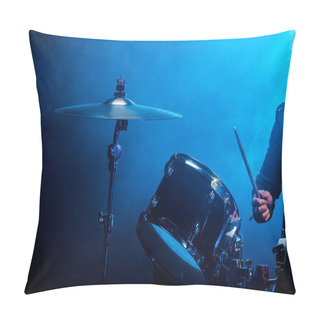 Personality  Partial View Of Male Musician Playing Drums During Rock Concert On Stage With Smoke And Dramatic Lighting Pillow Covers