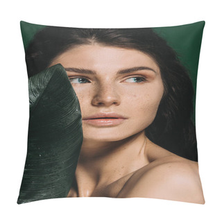 Personality  Portrait Of Beautiful Girl With Freckles On Face Posing With Leaf Isolated On Green Pillow Covers