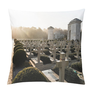 Personality  LVIV, UKRAINE - OCTOBER 23, 2019: Polish Graves With Stones Crosses Near Green Plants In Lychakiv Cemetery In Lviv, Ukraine Pillow Covers