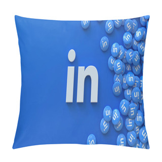 Personality  3d Rendering Of An Linkedin Logo Surrounded By A Bunch Of Pills With The App Icon On Blue Background. Pillow Covers