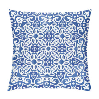 Personality  Decorative Color Ceramic Azulejo Tiles. Universal Design. Vector Seamless Pattern Elements. Blue Folk Ethnic Ornament For Print, Web Background, Surface Texture, Towels, Pillows, Wallpaper. Pillow Covers