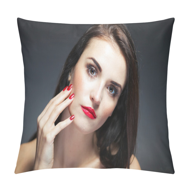 Personality  Natural woman face with red nails and lips pillow covers