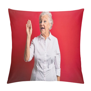 Personality  Senior Beautiful Woman Wearing Elegant Shirt Standing Over Isolated Red Background Waiving Saying Hello Happy And Smiling, Friendly Welcome Gesture Pillow Covers