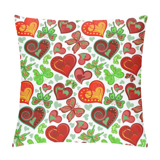 Personality  Seamless Valentine Pattern With Colorful Vintage Green And Maroon Butterflies, Flowers Hearts On White Background. Vector Pillow Covers