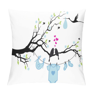 Personality  Baby Boy With Birds On Tree, Vector Pillow Covers