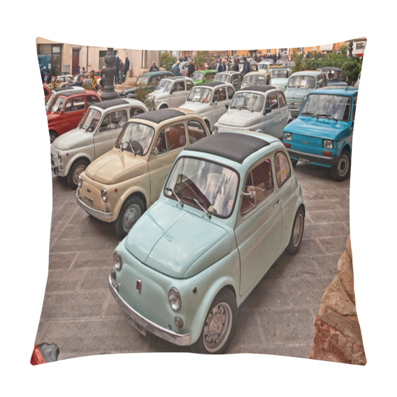 Personality  Italian classic cars Fiat 500 parked in the main square during the 24th Meeting auto vintage in November 11, 2018 in Bagnacavallo, RA, Italy pillow covers
