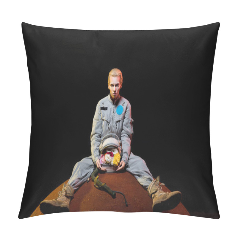 Personality  Attractive Female Astronaut In Spacesuit With Flowers In Helmet Sitting On Planet  Pillow Covers